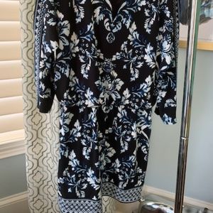 Black dress with blue and white floral pattern